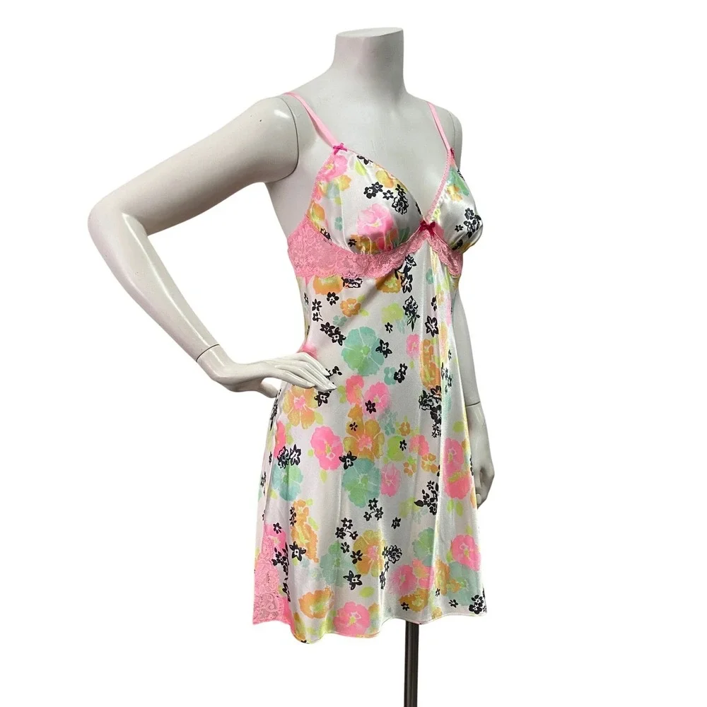 Victoria Secret M‎ Floral Satin Lace Trim Slip Dress Lingerie Babydoll Cottage